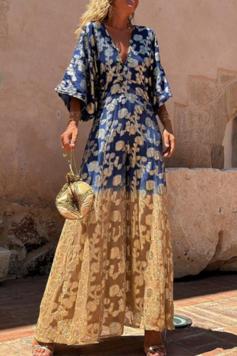 Casual Gradient Floral Print Bronzing V Neck Flare Sleeve Vacation Loose Cinch Waist Wide Leg Jumpsuits