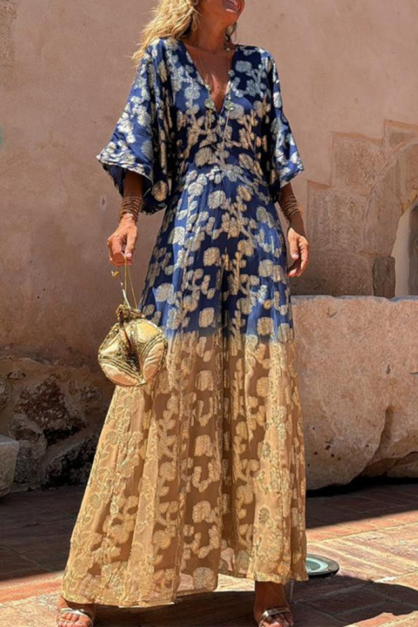 Casual Gradient Floral Print Bronzing V Neck Flare Sleeve Vacation Loose Cinch Waist Wide Leg Jumpsuits