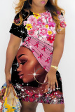Casual Figure Print Basic O Neck Short Sleeve Plus Size T-shirt Midi Dresses