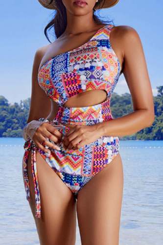 Sexy Boho Print Backless Hollow Out Lace Up One Pieces Swimsuit Beach Vacation Swimwears