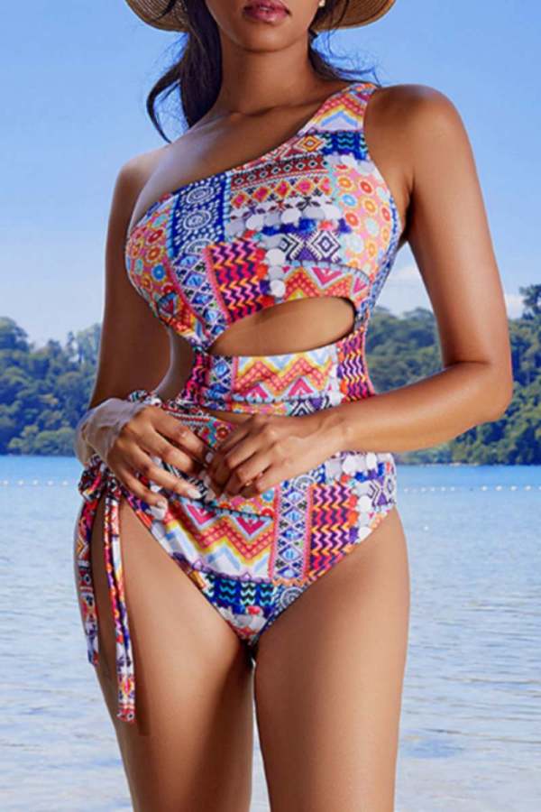 Sexy Boho Print Backless Hollow Out Lace Up One Pieces Swimsuit Beach Vacation Swimwears