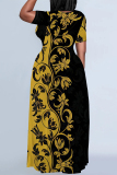 Casual Floral Print O Neck Short Sleeves Floor Length Pockets Vacation Baggy Maxi Dresses