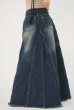 Casual High Waist Raw Hem A Line Distressed Denim Maxi Skirts