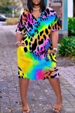 Casual Tie Dye Print V Neck Short Sleeve Pockets Plus Size T-shirt Midi Dresses