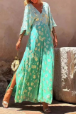 Casual Gradient Floral Print Bronzing V Neck Flare Sleeve Vacation Loose Cinch Waist Wide Leg Jumpsuits
