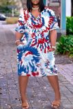 Casual Tie Dye Print V Neck Short Sleeve Pockets Plus Size T-shirt Midi Dresses