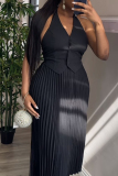 Celebrities V Neck Sleeveless Buckle Blazer Vest Tops And Pleated Maxi Skirts Formal Office Lady Two Pieces Dress Sets