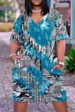 Casual Graphics Print V Neck Short Sleeve Pockets Plus Size T-shirt Midi Dresses