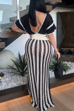 Sexy Striped Print V Neck Short Sleeve Lace Ups Kint Crop Tops And Maxi Skirts Vacation Dress Sets