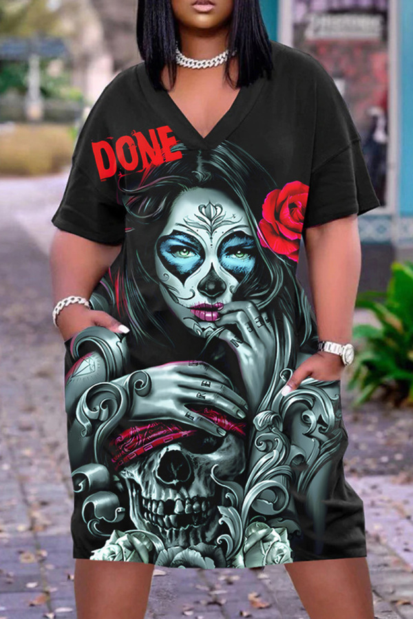 Casual Graphics Print V Neck Short Sleeve Short Sleeve Pockets Plus Size T-shirt Midi Dresses