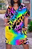Casual Tie Dye Print V Neck Short Sleeve Pockets Plus Size T-shirt Midi Dresses