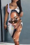 Casual Graphics Print Basic Sleeveless U Neck Vest Bodycon Midi Tank Dresses