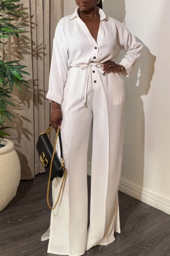 Casual Turndown Collar Long Sleeves Draw String Belt Buckle Loose Formal Office Lady Side Slit Wide Leg Jumpsuits Casual Turndown Collar Long Sleeves Draw String Belt Buckle Loose Formal Office Lady Side Slit Wide Leg Jumpsuits