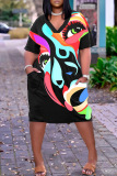 Casual Graphics Print V Neck Short Sleeve Short Sleeve Pockets Plus Size T-shirt Midi Dresses