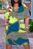 Casual Graphics Print V Neck Short Sleeve Pockets Plus Size T-shirt Midi Dresses
