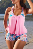 Sexy Floral Print Sleeveless Backless Halter Top and Shorts Bikini Matching Set Vacation Beach Swimwears (With Paddings)