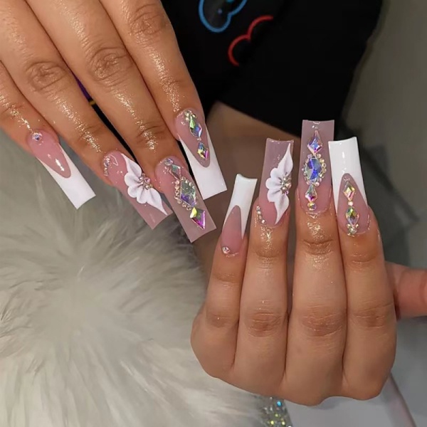 Casual Rhinestone Decor Press on Nails Artificail Extra Long French Square Fake Nails Crystal Flowers Nails