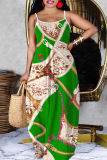 Sexy Graphics Print Backless Spaghetti Strap Sleeveless Baggy Vacation Maxi Slip Dresses