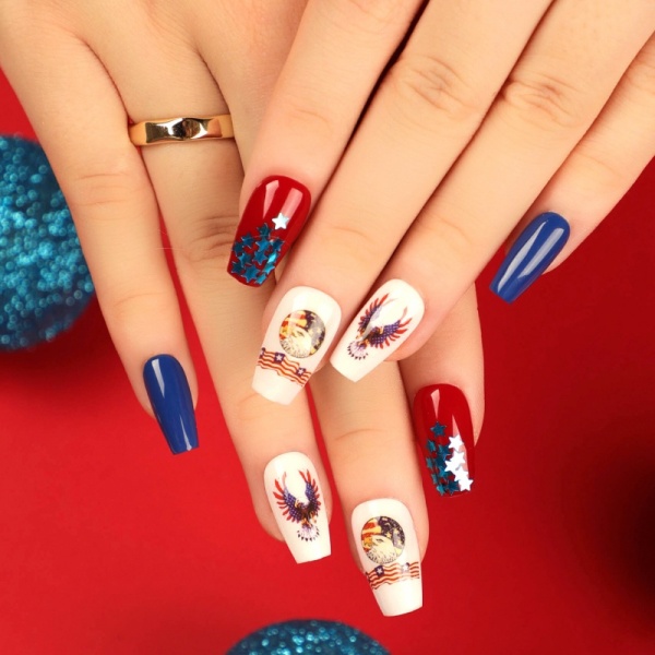 Casual Press on Nails Short Coffin Fake Nails Eagle Star Glue on Nails For Independence Day