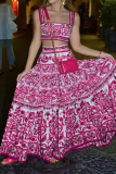 Sexy Geometric Print Square Neck Sleeveless Cami Crop Tops And Ruffle Tiered Hem Maxi Skirt Vacation Two Pieces Dress Sets
