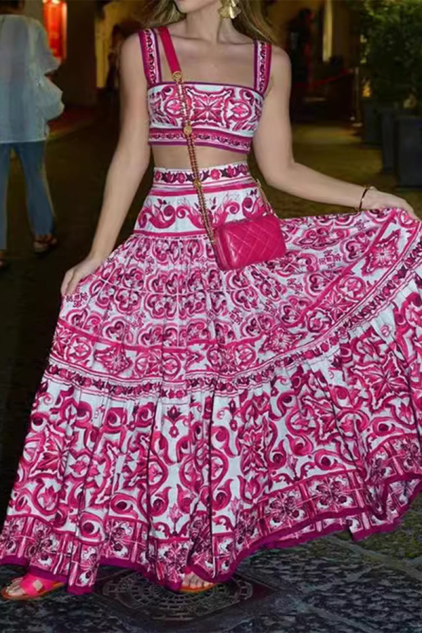 Sexy Geometric Print Square Neck Sleeveless Cami Crop Tops And Ruffle Tiered Hem Maxi Skirt Vacation Two Pieces Dress Sets