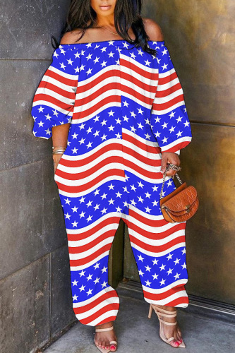 Casual Flag Star Print Off Shoulder Long Sleeve Spaghetti Strap Vacation Harem Jumpsuits