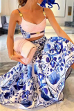 Sexy Floral Print V Neck Sleeveless Cami Crop Tops And Ruffle Tiered Hem Maxi Skirt Vacation Two Pieces Dress Sets