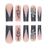 Casual Rhinestone Decor Long Square Head Fake Nails Black French False Nail Tips with Snake Charms Design Extra Long French Tip Acrylic