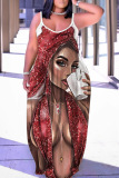 Sexy Figure Print Backless Spaghetti Strap Sleeveless Floor Length Long Baggy Vacation Maxi Slip Dresses
