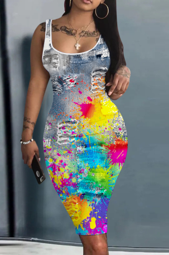 Casual O Neck Sleeveless Ruffle Hem Bodycon Birthday Party Midi Dress