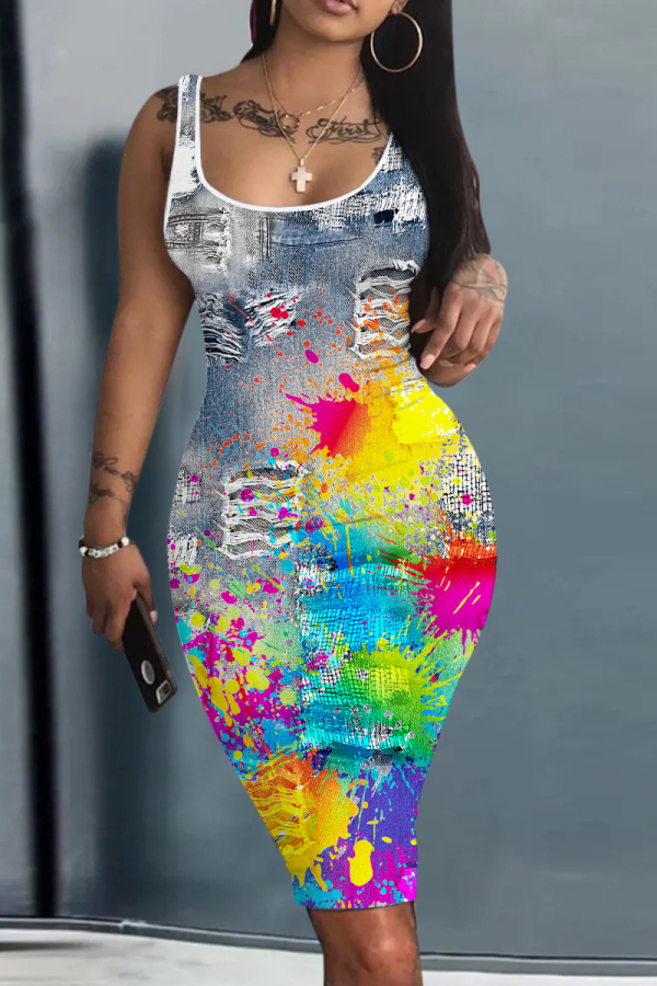Casual O Neck Sleeveless Ruffle Hem Bodycon Birthday Party Midi Dress
