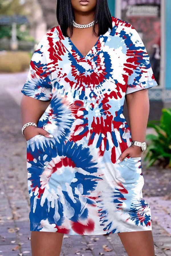 Casual Tie Dye Print V Neck Short Sleeve Pockets Plus Size T-shirt Midi Dresses