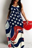 Sexy Flag Star Print Backless Spaghetti Strap Sleeveless Floor Length Long Baggy Vacation Maxi Slip Dresses For Independence Day