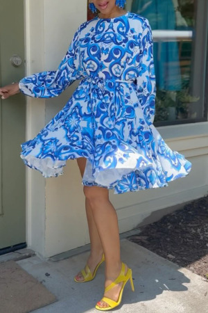 Casual Floral Print O Neck Long Sleeves With Belt A Line Pleated Vacation Midi Dresses