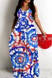 Sexy Flag Star Print Backless Spaghetti Strap Sleeveless Floor Length Long Baggy Vacation Maxi Slip Dresses For Independence Day