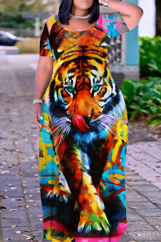 Casual Annimal Print O Neck Short Sleeves Floor Length Long Plus Size Vacation Baggy Maxi Dresses