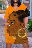 Casual Figure Print Basic V Neck Short Sleeve Plus Size T-shirt Midi Dresses