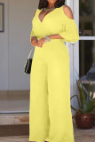 Casual V Neck Half Sleeve Clod Shoulder Hollow Out Lace Up Cinch Waist Formal Office Lady Wide Leg Jumpsuits