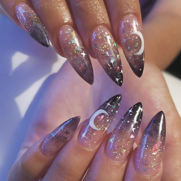 Extra Long Stiletto Press On Nails Glitter Glossy Moon Star False Nails French Clear Ombre Fake Nails