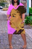 Casual Figure Print Basic V Neck Short Sleeve Plus Size T-shirt Midi Dresses