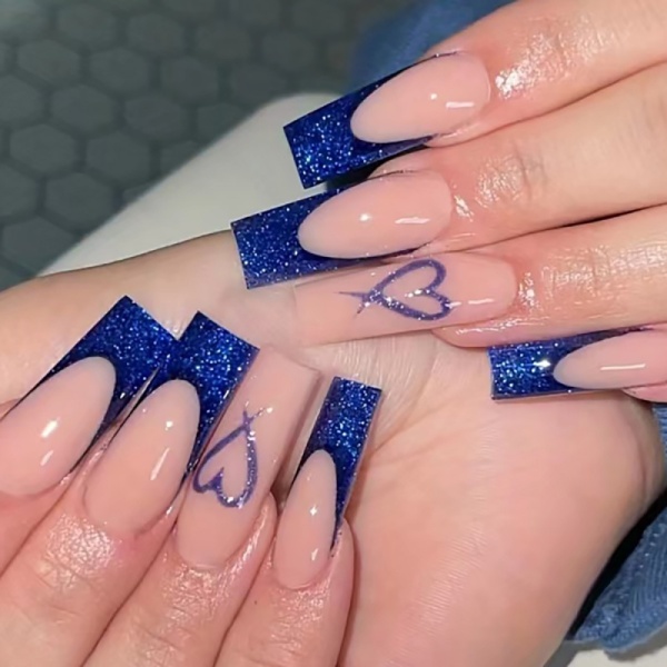 Casual Heart Shaped Square Head False Nails Shimmer French Design Jelly Gel Press On Nails Nail