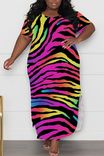 Casual Graphics Print O Neck Short Sleeve Side Slit Long Plus Size T-shirt Midi Dresses