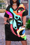 Casual Graphics Print V Neck Short Sleeve Short Sleeve Pockets Plus Size T-shirt Midi Dresses