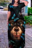 Casual Annimal Print O Neck Short Sleeves Floor Length Long Plus Size Vacation Baggy Maxi Dresses