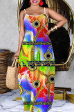 Sexy Graphics Print Backless Spaghetti Strap Sleeveless Baggy Vacation Maxi Slip Dresses