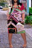 Casual Graphics Print V Neck Short Sleeve Pockets Plus Size T-shirt Midi Dresses
