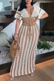Sexy Striped Print V Neck Short Sleeve Lace Ups Kint Crop Tops And Maxi Skirts Vacation Dress Sets