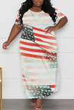 Casual Flag Star Print Slit O Neck Short Sleeve Long Plus Size Baggy Vacation T-shirt Maxi Dresses For Independence Day