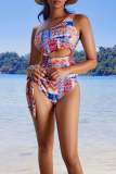 Sexy Boho Print Backless Hollow Out Lace Up One Pieces Swimsuit Beach Vacation Swimwears
