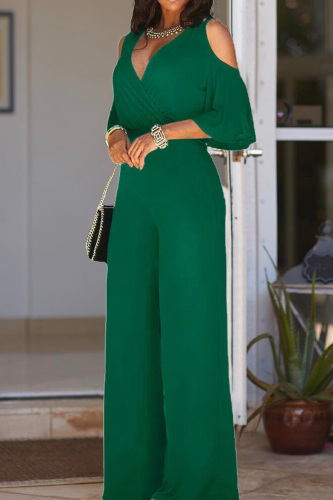 Casual V Neck Half Sleeve Clod Shoulder Hollow Out Lace Up Cinch Waist Formal Office Lady Wide Leg Jumpsuits Casual V Neck Half Sleeve Clod Shoulder Hollow Out Lace Up Cinch Waist Formal Office Lady Wide Leg Jumpsuits